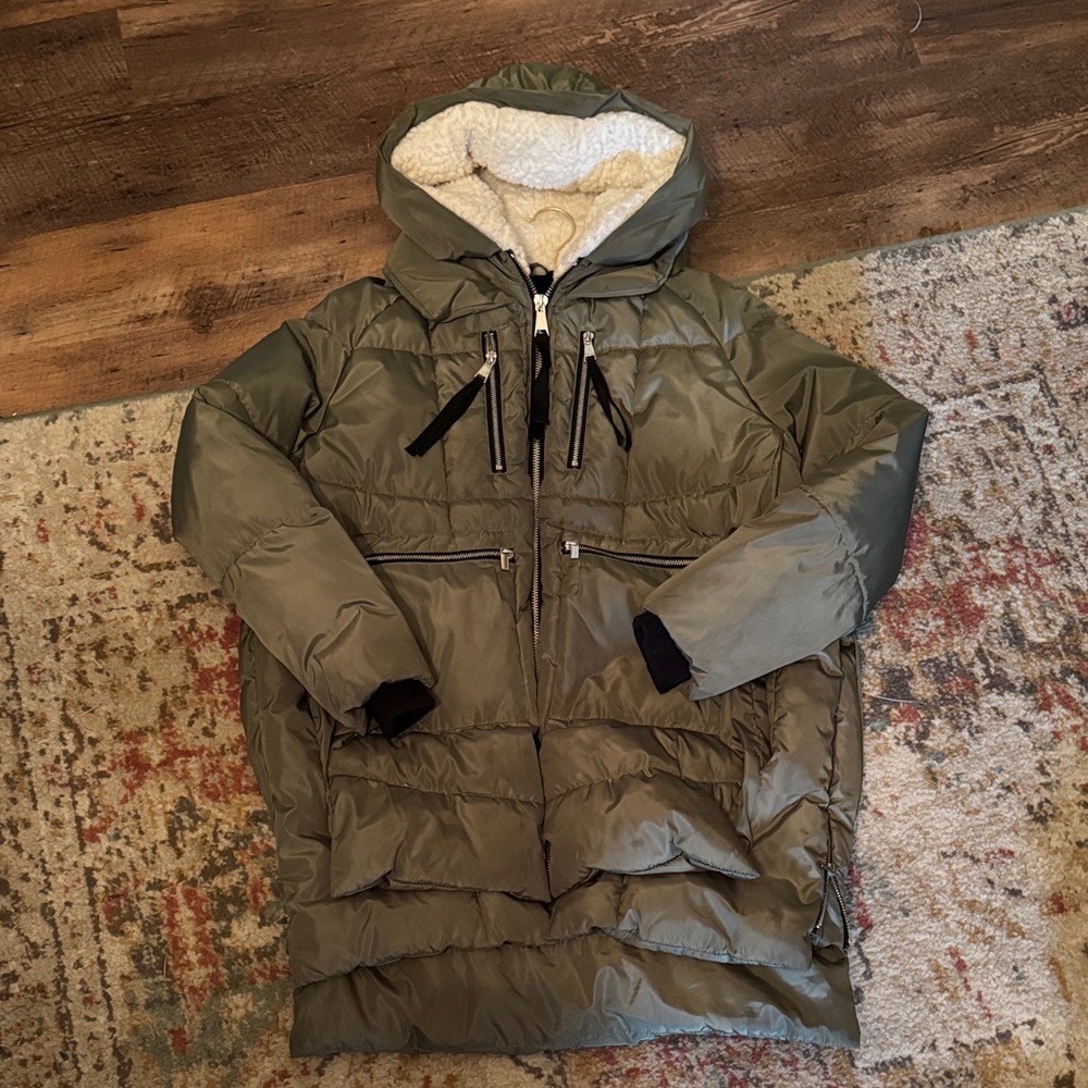 Bagatelle Olive Hooded Puffer Jacket with Sherpa Lining